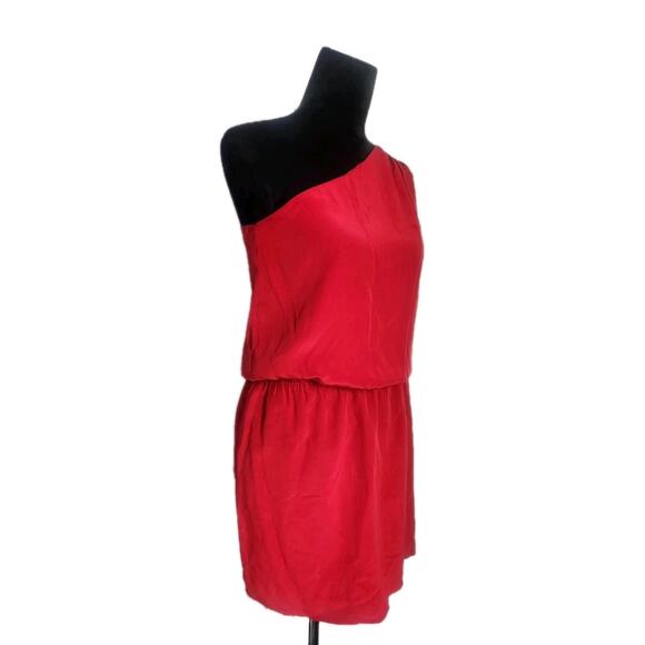 Mason Women's Size 2 One Shoulder Ruched Elastic Waist Silk Mini Dress Red - Picture 3 of 13